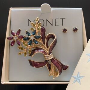 Vintage Signed Monet Rhinestone Brooch With Stud Earrings
